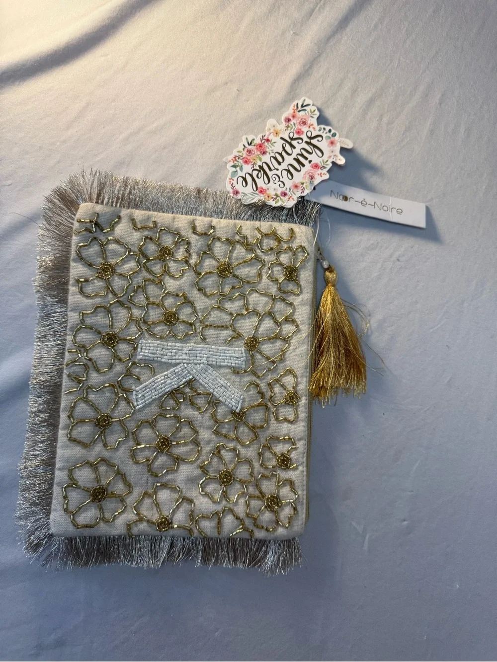 Source Unknown Ivory and Gold Beaded Floral Cosmetic Pouch with Tassel